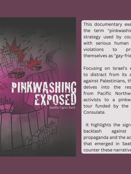 A slide from 'Pinkwashing Exposed', a documentary that examines the strategy used by countries to distract from human rights violations. These screenings are followed by panel discussions.