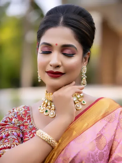 A beautiful reception look with bold red lips and a classic updo adorned with roses. This showcases a more glamorous, evening-appropriate bridal style.