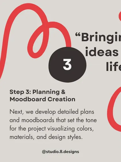 Step 3: Bringing ideas to life. We develop detailed plans and mood boards that set the tone for the project, visualizing colors, materials, and the overall design style.