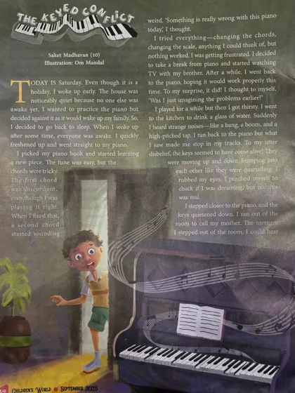 A look inside the magazine at Saket's story, "The Keyed Conflict." It's wonderful to see our students expressing their love for music in such creative ways.