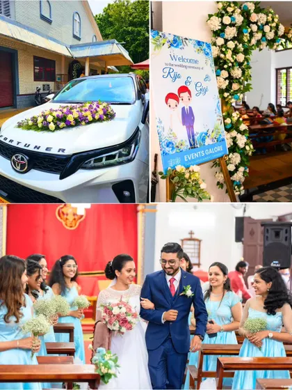 A collage of moments from Rijo and Gigi's wedding day. The decorated wedding car, the bride walking down the aisle with her bridesmaids in matching blue, and the personalized welcome sign all contributed to a beautifully coordinated event.