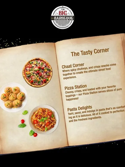 Welcome to The Tasty Corner. Our menu book highlights our popular live stations, including the Chaat Corner for street food delights, the Pizza Station for cheesy slices, and the Pasta Station for comforting bowls.