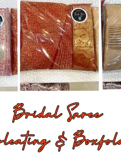 This is what you get when you book my service for a wedding. Each bridal saree is meticulously pre-pleated, ironed, and packed in its own box, ready for the different functions. Tradition, made easy and organized.