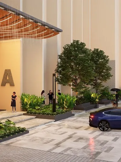 The podium level at Marian Park features a welcoming entry porch and a convenient drop-off area. The design uses a clean material palette and integrated planters to create a sophisticated and functional space.