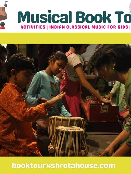 Children gather around to try their hands at the tabla and harmonium. Our sessions are designed to be communal, where kids learn from musicians and each other.