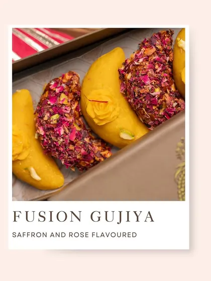 A modern take on a festive classic. My fusion gujiyas are flavored with saffron and rose, offering a unique and aromatic twist on the traditional Holi sweet.