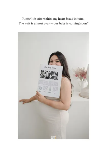 A creative announcement shot with the mother-to-be holding a custom newspaper declaring "Baby Gadiya Coming Soon!"