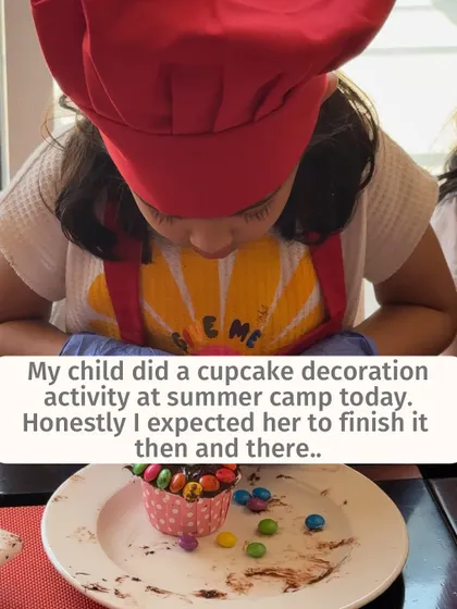 My daughter doing a cupcake decoration activity at summer camp. I was surprised she chose to bring it home to eat later, a sign that our approach to sugar boundaries might be working.