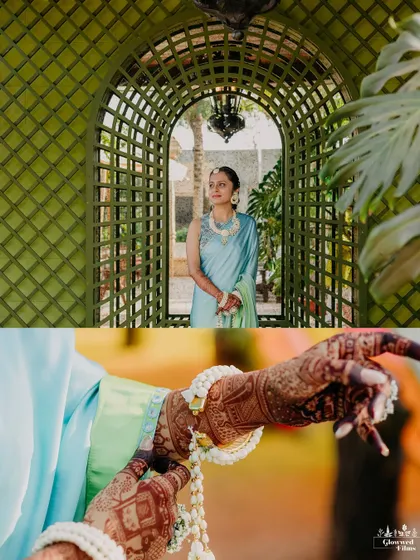 The bride, Soumya, in her elegant light blue saree, ready for her Haldi, with a close-up on her intricate henna and floral jewelry.
