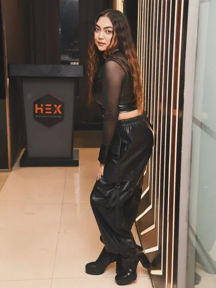 A full-body shot showing off my all-black outfit before a gig at Hex.