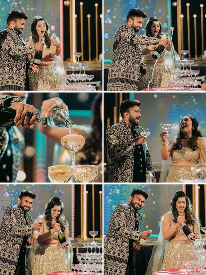 A sequence of photos capturing the fun and excitement of the champagne tower moment.