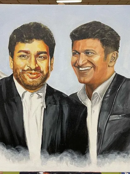 This award-winning acrylic portrait is my tribute to two legends of Kannada cinema, Dr. Rajkumar and Puneeth Rajkumar. It was an emotional piece to create, and I'm grateful it resonated with so many people.