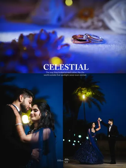 A collage that tells a complete story of a glamorous evening. It features a detail shot of the rings, an intimate embrace, and a romantic dance under the moonlight.