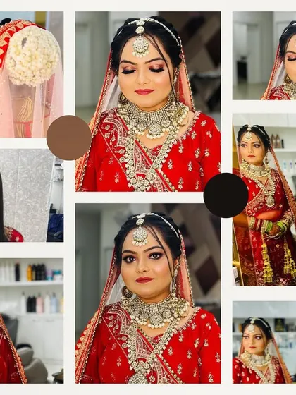A collage showcasing another happy bride's transformation, including a before shot and multiple angles of the final look.
