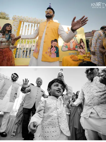 The energy of the Haldi ceremony, with the groom dancing and a young guest enjoying the festivities. We capture moments from guests of all ages.