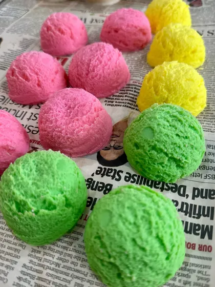 The magic step! Here are the freshly hand-scooped soap tops, looking just like real ice cream, ready to be placed on their cones.
