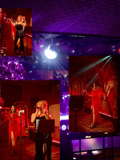 A collage capturing the vibrant atmosphere of a SWITCH night, from the soulful singers to the energetic dance floor under the disco ball.