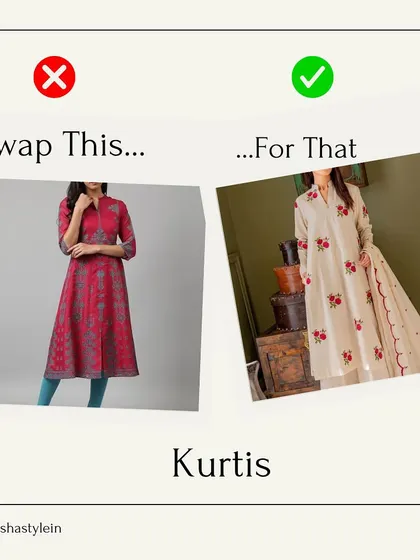 A quick style swap for kurtis. Instead of a busy, printed A-line kurta with leggings, opt for a solid, well-structured kurta set with subtle embroidery for a more elegant look.