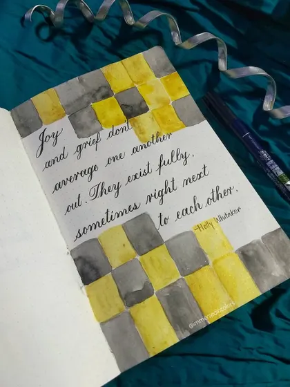 A piece reflecting on how joy and grief can exist at the same time. I used a simple checkerboard pattern with grey and shimmering gold watercolor to represent these coexisting emotions.