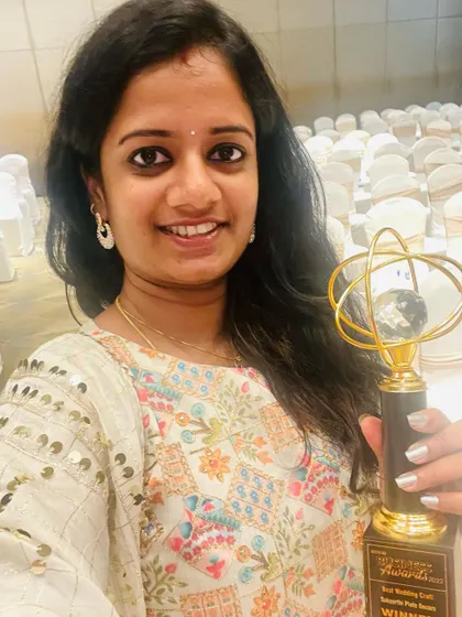 I was so honored to receive my first business award for 'Best Wedding Craft' at the Kovai Business Awards 2022. This recognition is a result of the trust and support from my wonderful community.