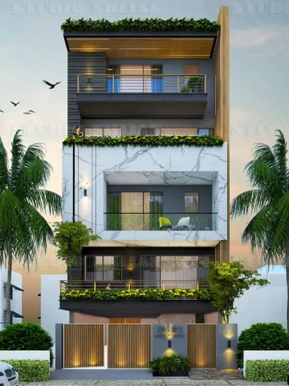 A modern home in Ashok Vihar, New Delhi, on a 200 sq. yard plot. The design features a striking contrast between a white marble-clad section and darker textured panels.