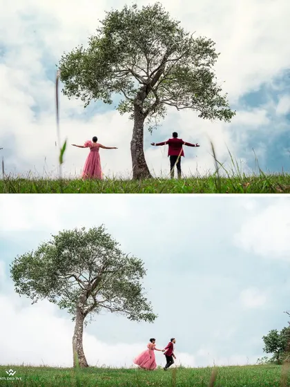 A diptych showing the couple feeling free and connected under a solitary tree in a vast field. This represents our style of capturing both grand, scenic shots and intimate, storytelling moments.