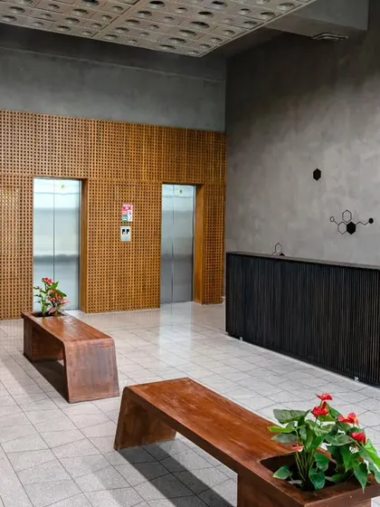 A wider view of the second-floor guest area, showing the client's brief for warm, open spaces that complement industrial elements. The design incorporates subtle nods to Hyderabad's heritage, creating an inspiring environment.