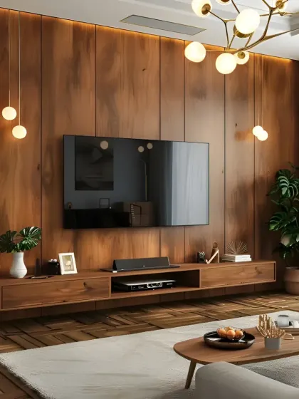 For a warm and minimalist aesthetic, I designed this living room with a full wood-paneled wall and a simple floating media console.