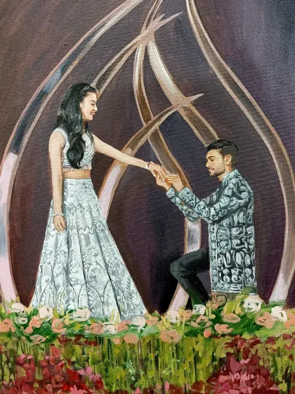 A detailed close-up of the proposal painting. I focused on capturing the groom on one knee and the bride's happy reaction, freezing this romantic moment in time.
