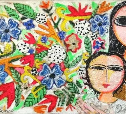 K Muralidharan's "Mother and Child" is a beautiful example of folk influence in contemporary Indian art. The flattened perspective and bold patterns give the piece a direct, heartfelt emotional quality.
