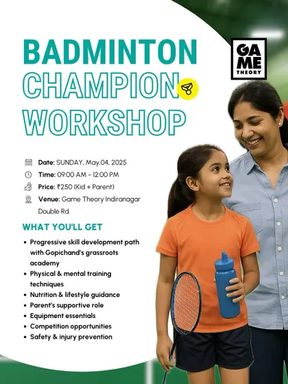 Parents, this one's for you! Our Badminton Champion Workshop equips you with the tools to support your young champion, from Gopichand's training methods to nutrition guidance.