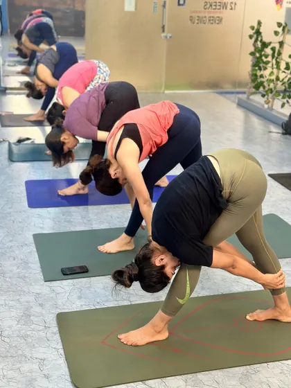 Students in Parshvottanasana (Pyramid Pose), stretching the hamstrings and spine.