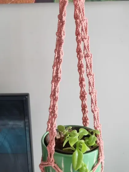 This plant hanger in a soft pink hue brings a warm and gentle feel. It's perfect for adding a subtle pop of color to your home decor.