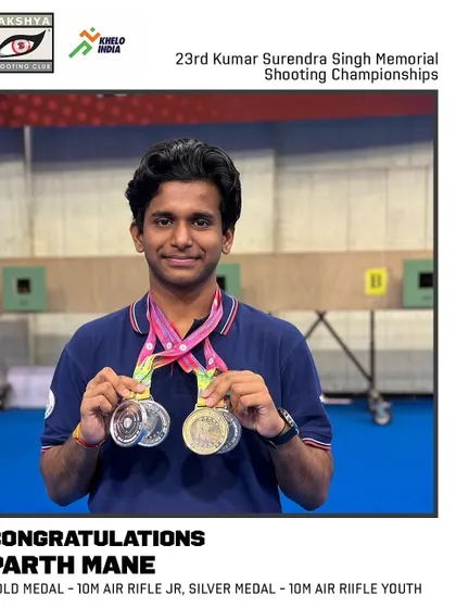 Parth Mane proudly displays his gold and silver medals from the 10m Air Rifle Junior and Youth events at the 23rd KSS Shooting Championships.