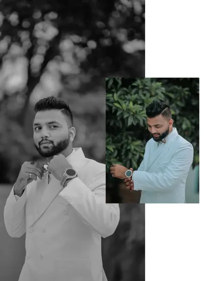 The groom getting ready for his big day. This stylish black and white collage captures him adjusting his bow tie and watch, showcasing the small details that complete his look.