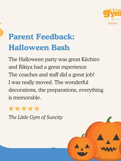 We are so proud of the memorable experiences we create, like our annual Halloween Bash. This glowing feedback from a parent highlights the wonderful decorations, thoughtful preparations, and the fantastic job our coaches do to make every party special for the children.