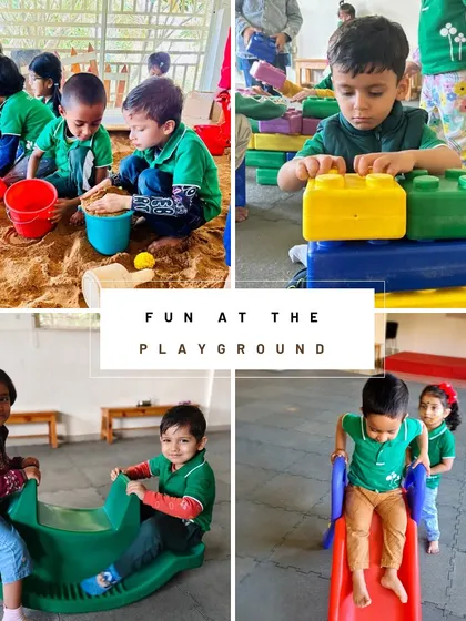 Fun at the playground. Our play area is designed for exploration and imagination, with a sandpit, slide, building blocks, and rockers for children to enjoy.