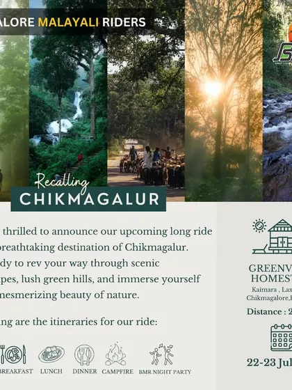 An announcement for our long ride to the breathtaking landscapes of Chikmagalur. The itinerary shows our focus on a complete experience, including a comfortable homestay, campfire, and night party.
