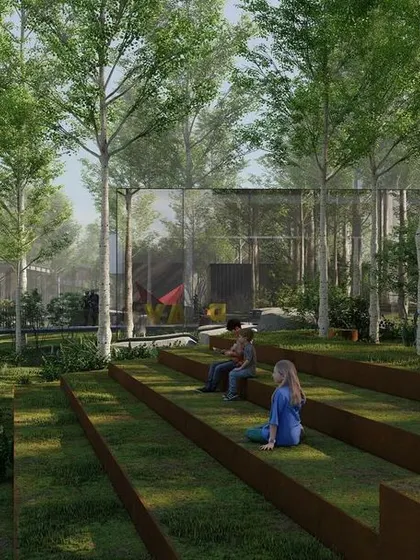 This view of the "Urban Oasis" shows how art, nature, and people come together. The red "live" sculpture adds a playful touch to the landscape, which is designed with terraced seating and winding paths to encourage exploration and relaxation.