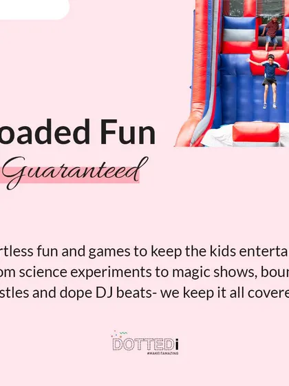 This graphic highlights the "Loaded Fun" I guarantee at my events, from science experiments and magic shows to bouncy castles and DJs.
