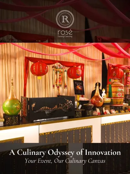 A wide view of our Chinese-themed live station, complete with red lanterns and other traditional decor. We create immersive culinary experiences that align with your event's theme.
