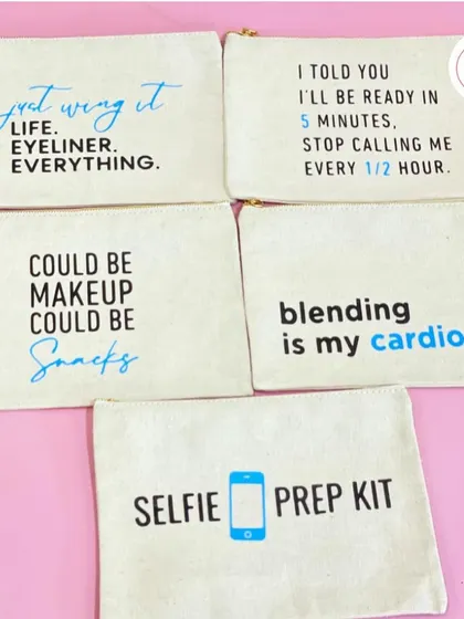 Quirky and fun pouches for the bride's tribe. With slogans like "Could be makeup, could be snacks" and "Blending is my cardio," these are a fun addition to any bachelorette hamper.