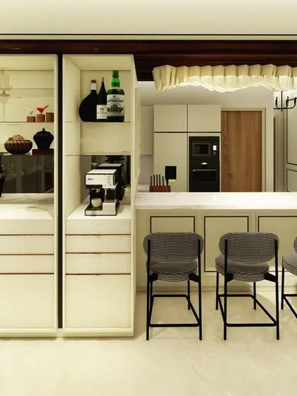With the cabinets open, the fully equipped home bar is revealed. The design includes dedicated wine storage, glass racks, and space for a coffee machine, making it a highly functional and stylish feature for entertaining.