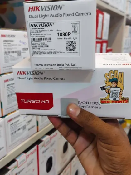 Boxes of Hikvision dual-light audio fixed cameras. These Turbo HD models provide excellent quality for both indoor and outdoor use.