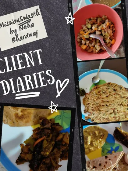 This client's food diary is a great example of a balanced day of eating. It includes a vegetable salad, a nutritious omelet, and a full meal with roti and sabzi, all part of a personalized plan.