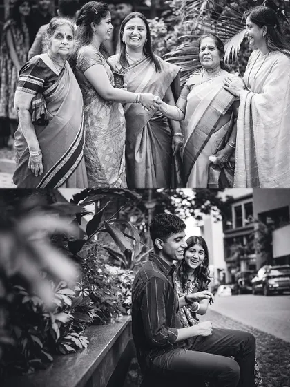 A black and white collage showing the warmth of family: elders greeting each other and younger members sharing a candid laugh outdoors.