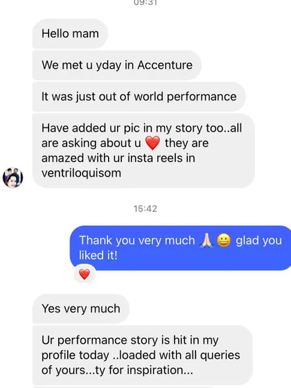 A screenshot of a lovely message I received after my performance at Accenture. It's heartwarming to know the performance was an "out of world" experience for the audience.