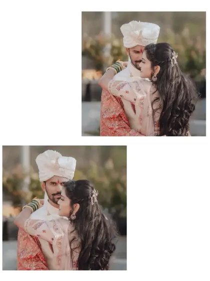 A collage of a couple sharing a tender embrace during their outdoor engagement photoshoot.