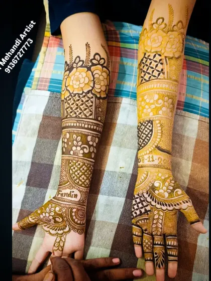A complete view of the personalized mehandi for Fardin's bride, showing both the name and the wedding date clearly on the forearms.