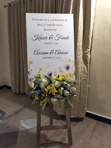 Personalized signage adds a special touch to any event. This elegant welcome sign for a 60th anniversary, adorned with a fresh floral arrangement, honors the celebrated couple and welcomes guests to the party.